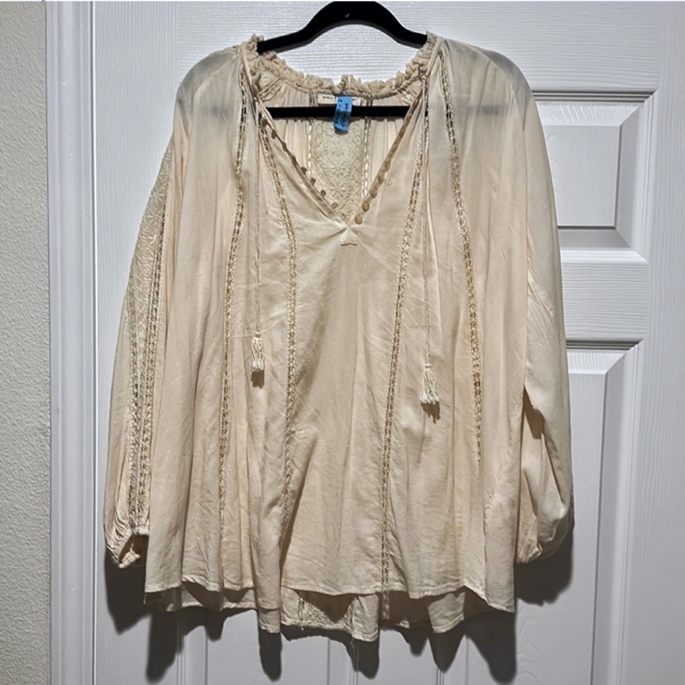 Spell Cream Crochet-Trim Tie Front Blouse - Picture 9 of 9